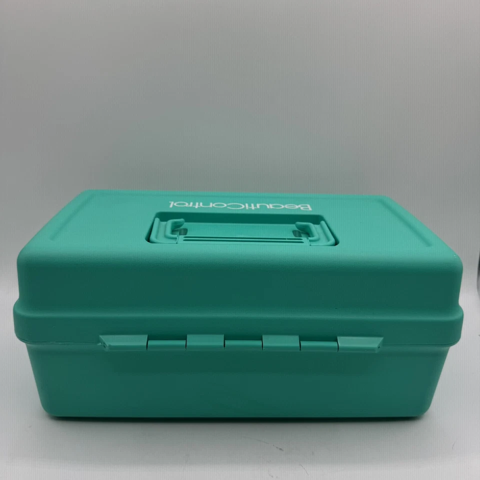Vintage Beauticontrol Teal Green Makeup Case Tiered With Compartments 13" long - Image 2 of 4