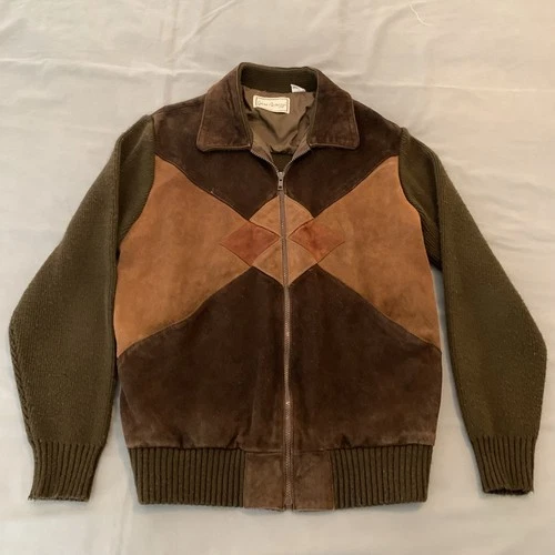 Vintage Gino Barozzi Jacket Mens Large Brown Leather Knit Bomber Geometric Suede - product listing photo
