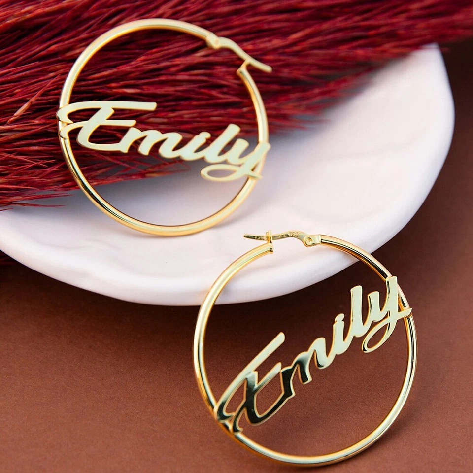 Pendientes de aro con nombre personalizados para mujer niña círculo grande placa de identificación regalos personalizados Foto 4 de 4