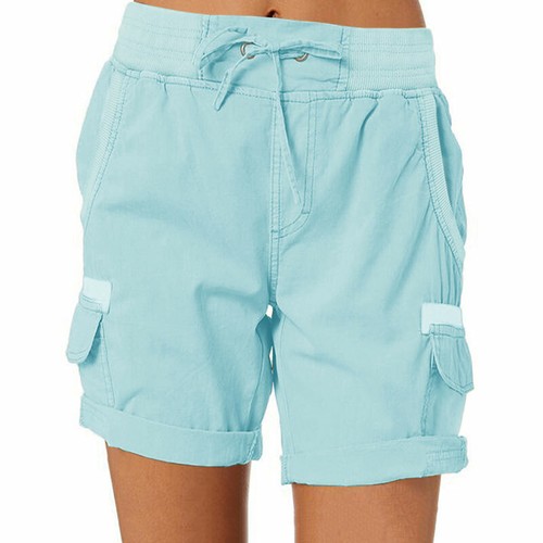 Women Elastic Waist Cotton Linen Shorts Summer Beach Cargo Pocket Short Pants H - Picture 10 of 19