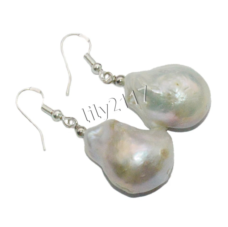 Enormes Brincos de Pérola Barroca Renascida Keshi de Água Doce Natural Branca 14x20mm AAA - Imagem 3 de 4