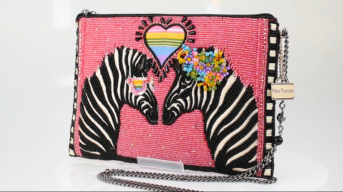 Mary Frances Smitten Beaded Zebra Love Crossbody Handbag Zip Pink