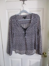 Jessica Simpson Navy  Pink Patterned Sheer Lace Up Blouse Large