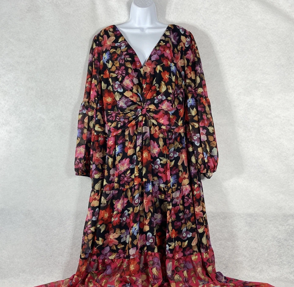 Vince Camuto Maxi Dress Womens 20W Red Black Long Sleeve Tiered Ruched Chiffon - Image 2 of 4