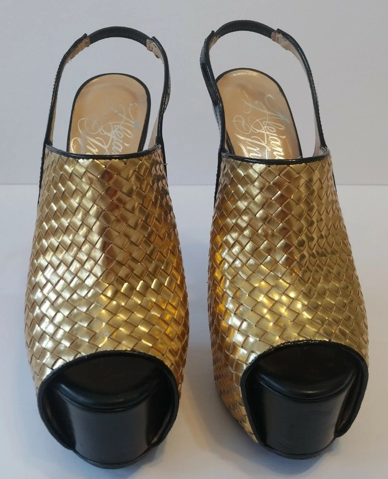 Alejandro Ingelmo Black & Gold Woven Platform Leather  Slingback Stiletto Heels - Image 2 of 4