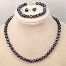 7-8mm Genuine Natural Freshwater Black Pearl Necklace Bracelet Earrings Set 18''