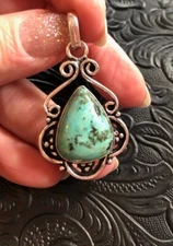 Artisan Southwest Turquoise Aqua Chocolate Ornate Raindrop Pendant 1.5"