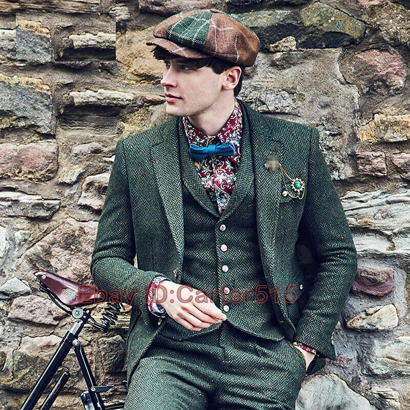 Custom tailored Jacket Harris tweed green herringbone