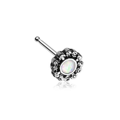316L Surgical Steel Screw L Bend Bone White Opal CZ Filigree Nose Stud Ring 20G