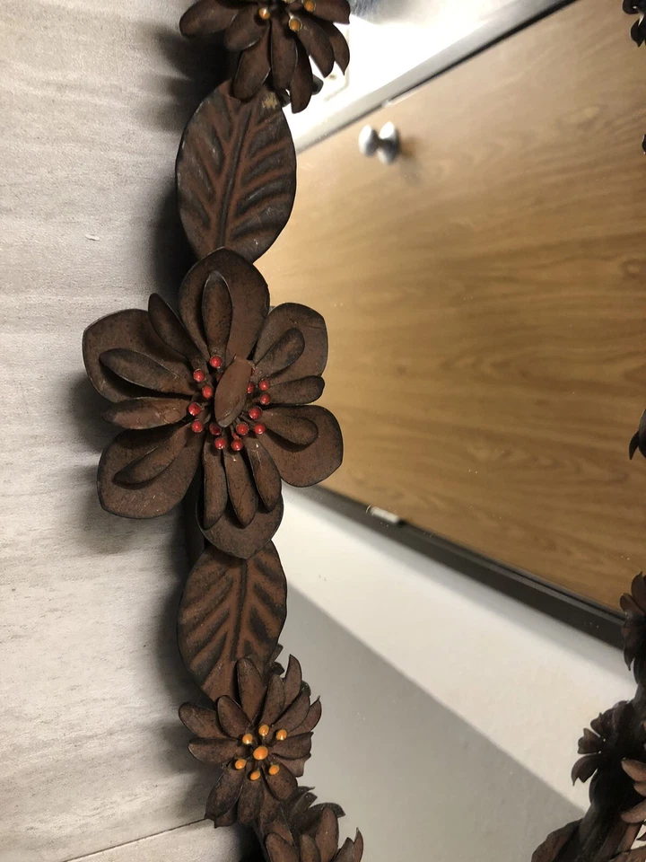 Pier 1 Metal Oval Wall Mirror Tray Flowers and Leaves Rustic/Primitive 10x18” - Image 4 of 4