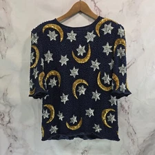 Vintage Beaded Top Women Large Silk Galaxy Night Sky Celestial Astronomy Witchy 