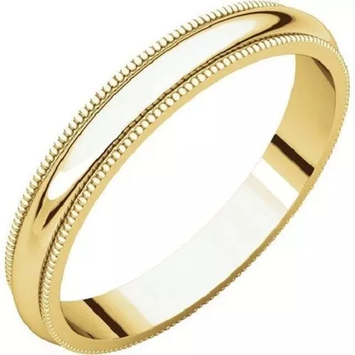 3mm 14K Solid Yellow Gold Milgrain Half Round Comfort Fit Wedding