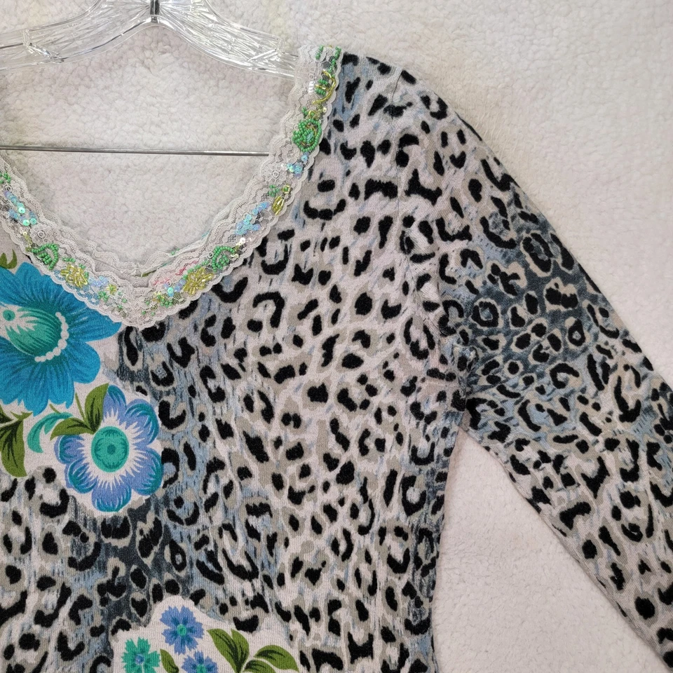 Blusa retro Y2K Charlotte Tarantola gris leopardo floral encaje cuentas para mujer M Foto 3 de 4