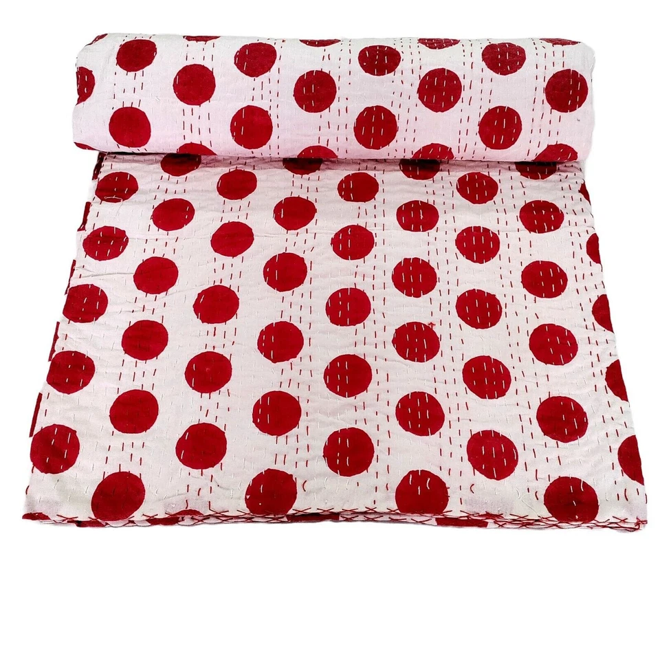 Indian Vintage Coverlet Bedspread Queen Size Kantha Quilt Polka Dot Print Gudari - Image 4 of 4
