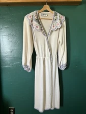 Miss Joann California Vintage Knit Wide Collar Embroidered Wrap Dress