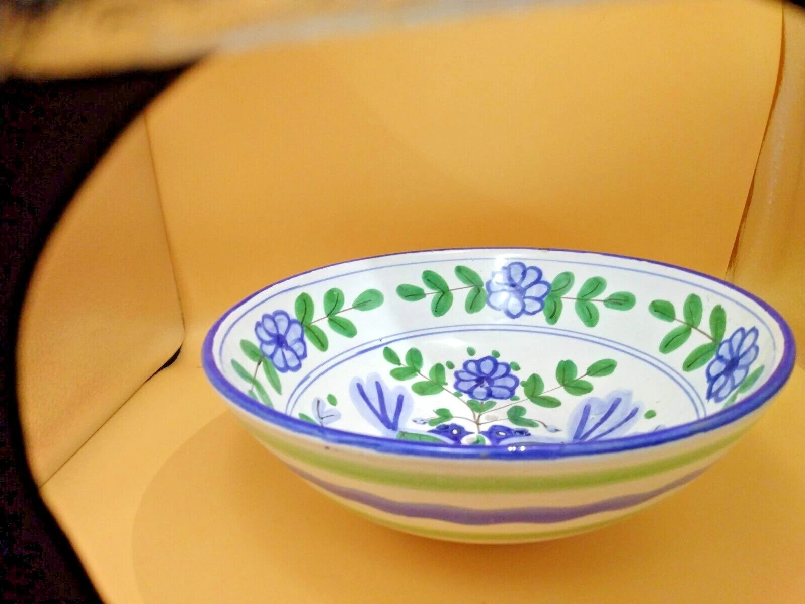 Vintage Hand Painted Italian Blue Bird Colander Ceramic Bowl- Made in Italy