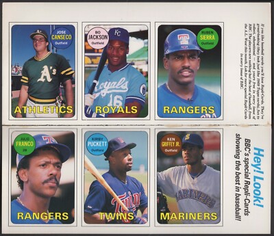 1990 BBC Magazine 1969 Topps Style 6-Card Uncut Panel Ken Griffey Jr Bo Jackson