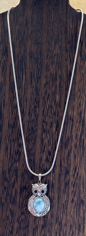 "Collar Búho Larimar Espinela Negra y Circón Blanco Plata de Ley 925 Cuerda 16""L" Foto 2 de 4