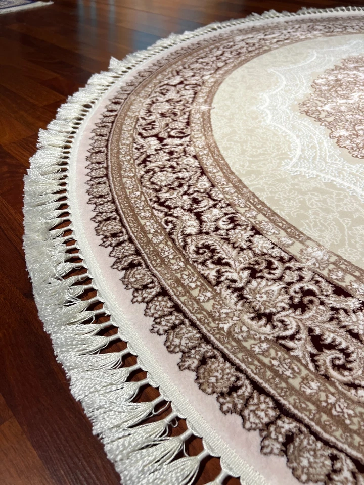 5x5 ft Red Beige Round Bamboo Rug – Vintage Circle Silk Rug for Home Decor - Image 3 of 4