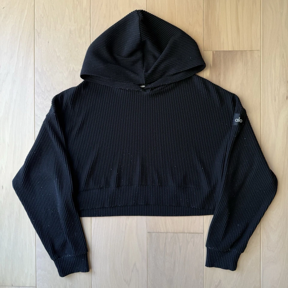 Alo Yoga Muse Hoodie Women's M Black Ribbed Fleece Pullover Loungewear Cozy - Image 2 of 4