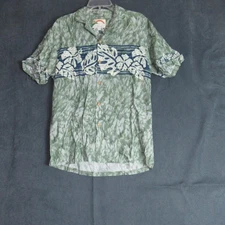 Vintage Paradise Found Shirt Mens Medium Green Hawaiian Floral Button Aloha Camp