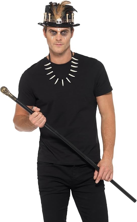 Voodoo Witch Doctor Kit Feather Top Hat Skull Cane Necklace Halloween One Size