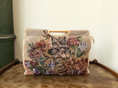 Vintage Katze Gobelin Stricken Tasche gepolstert Handarbeit Häkeln Nähen Blumen Tasche