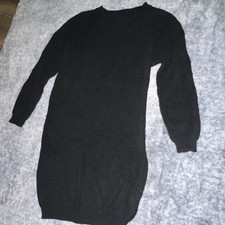 Black Knit Sweater Dress Crew Neck Long Sleeve Knee Length Women