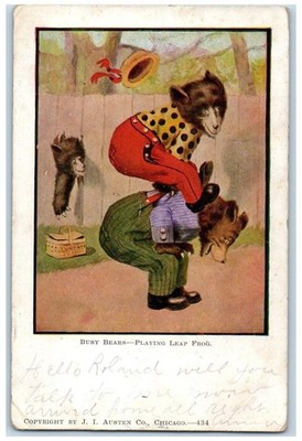 Anthropomorphic Bear Postcard Playing Leap Frog Austin Minnesota MN 1908 Antique