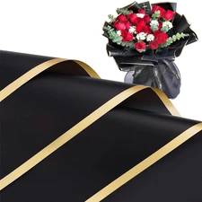 20 Sheets Black Flower Wrapping Paper, Waterproof Floral Wrap Gold Edge Bouquet 