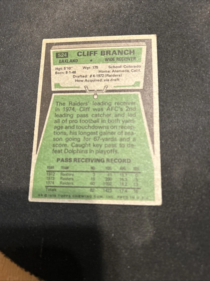 1975 Topps Rookie RC Card #524 Cliff Branch Oakland Raiders VgEx Free Shipping! - Image 3 of 3