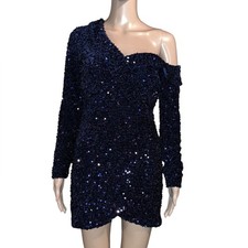 Lush One Shoulder Bodycon Dress Sequin Faux Wrap Midnight Small
