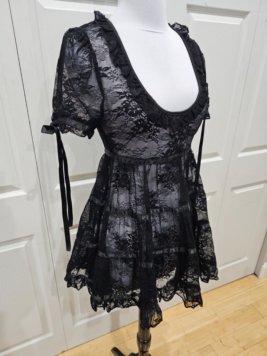 Dolls Kill Sexy Goth Lace House On The Hill Little Black Babydoll Mini Dress  S | eBay