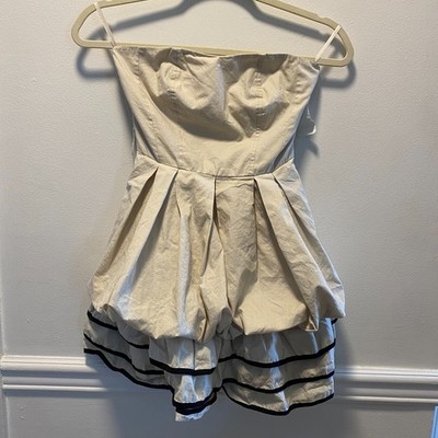 NWT Blue Sky Y2K Strapless Bubble Hem Dress S Beige Black Trim Ruffle Party