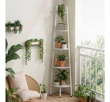 5-Tier Corner Bookshelf, Rustic Ladder Shelf - 5.5ft Tall - White - Hoctieon