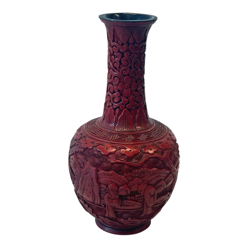 Par de jarrones antiguos de laca de cinabrio chino de la dinastía Qing Foto 4 de 4