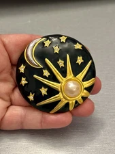 Vintage Karl Lagerfeld Sun Moon Stars Celestial Enamel Faux Pearl Brooch