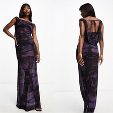 ASOS Design long dress bardot sheer purple black maxi low draped sexy back sz 6