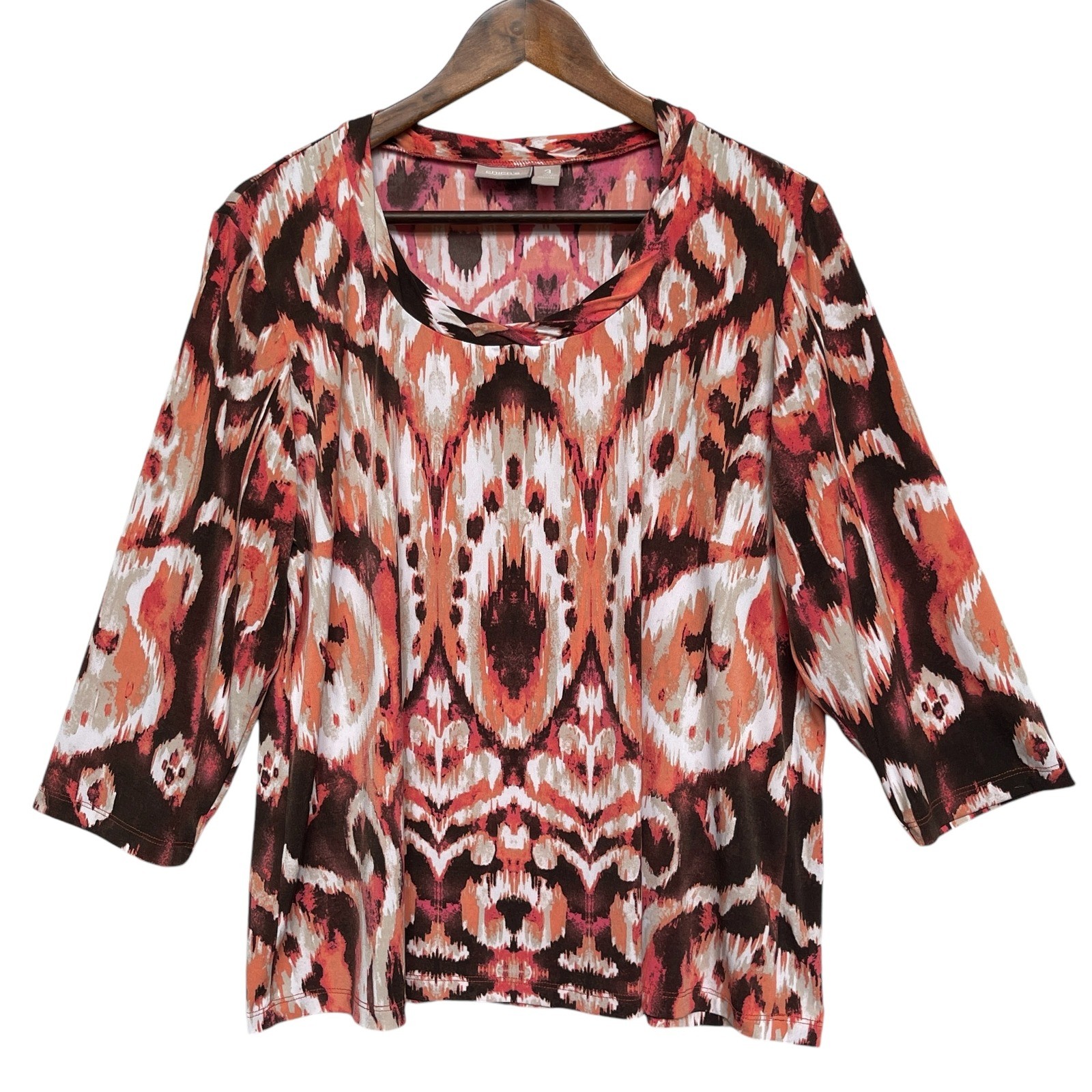 Chicos 3/4 Sleeve Printed Knit Top Women Orange Size XL (3) USA Made