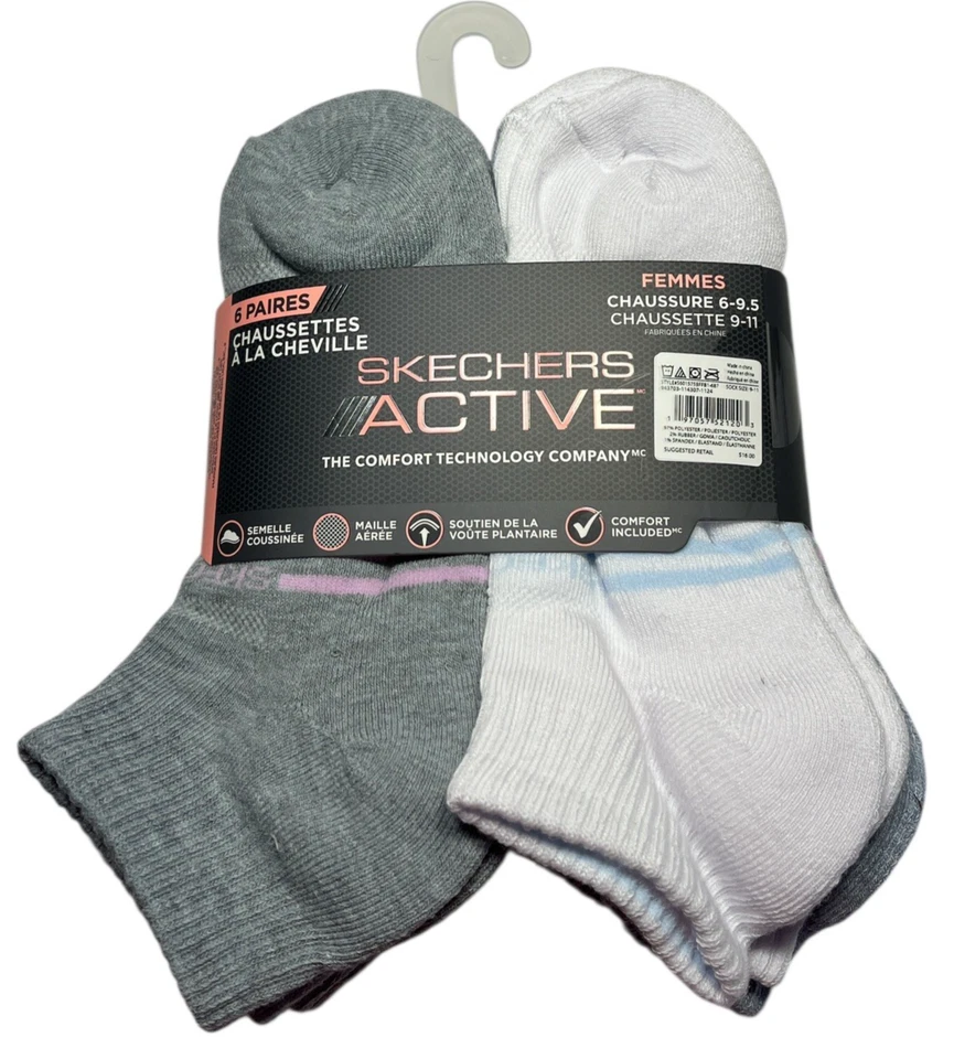 Calcetines Skechers Active para mujer 6-9,5 Qtr Crew 6 pares soporte para el arco acolchados negros Foto 2 de 4