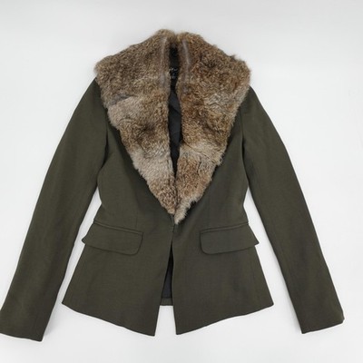 Elizabeth And James Blazer Jacket Womens 2 Green Rabbit Fur Collar Wool lined