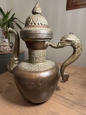 Large Antique Tibetan/Chinese Ornate Copper Brass Repoussé Dragon Handle Teapot