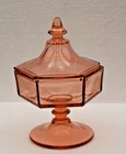 Vintage pink depression glass candy dish with a lid Octagon Shaped 7.5"