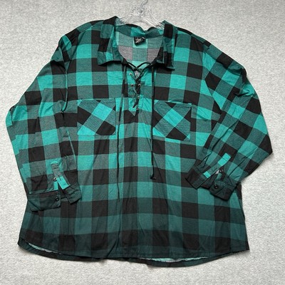 JUSTIFY Plaid Top Shirt Lace Up Sz  3XL Roll Tab Sleeves Flannel Gorpcore Blouse
