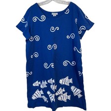 m.mac Blue Cotton Fish Wave Print T-Shirt Dress XL Petite Nautical Made in USA