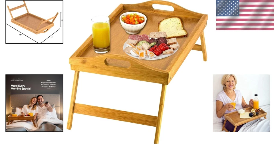 Bandeja de desayuno de bambú con patas plegables - Elegante y portátil para cualquier ajuste Foto 2 de 4