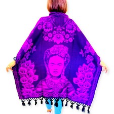 Reversible Woven Poncho - Frida Style Two-tone With Pattern Hooded Adult One Siz
