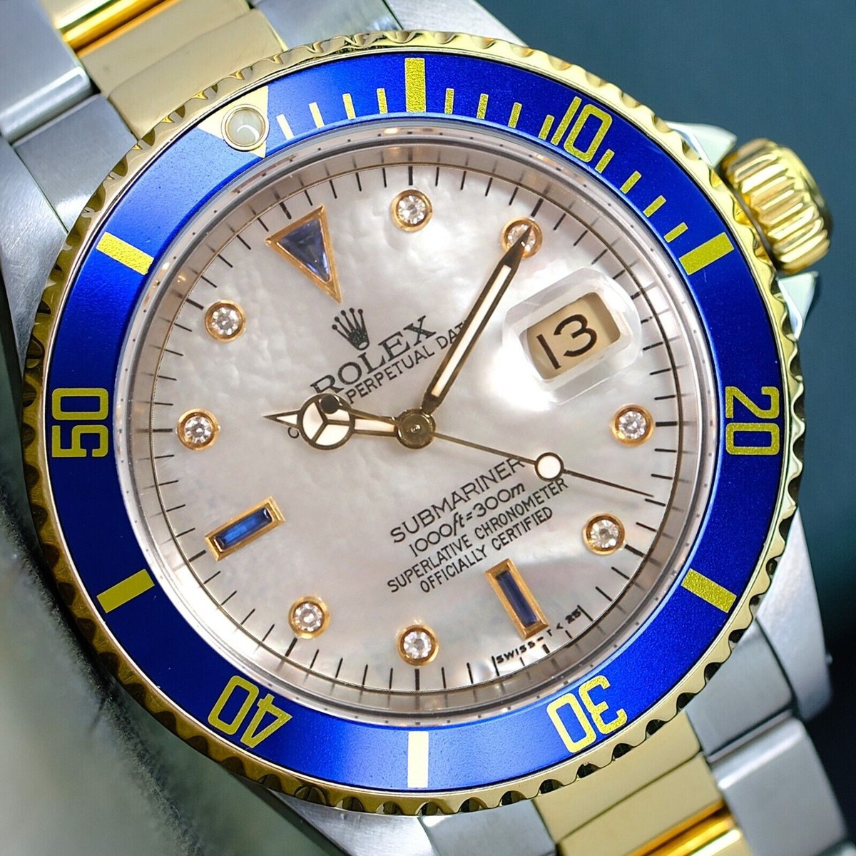 Rolex Submariner 16613 Two-Tone Watch Mens White MOP Diamond