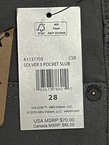 VOLCOM SOLVER STONE MADE 5 Pock Slub Gray Jeans Modern Straight Fit Stretch 28 - Picture 3 of 13