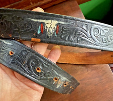 Vintage Hand Painted Bull Skull w Feathers Black Bridle Leather Men's Belt 42